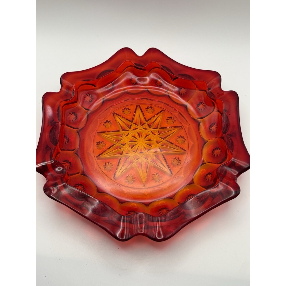 Vintage LG Wright Amberina Moon & Stars Red Candy Dish Ashtray Sided 8.5" Glows
